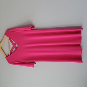 Chicos Hot Pink V Neck Short Sleeve Caged Back Mini Dress 12